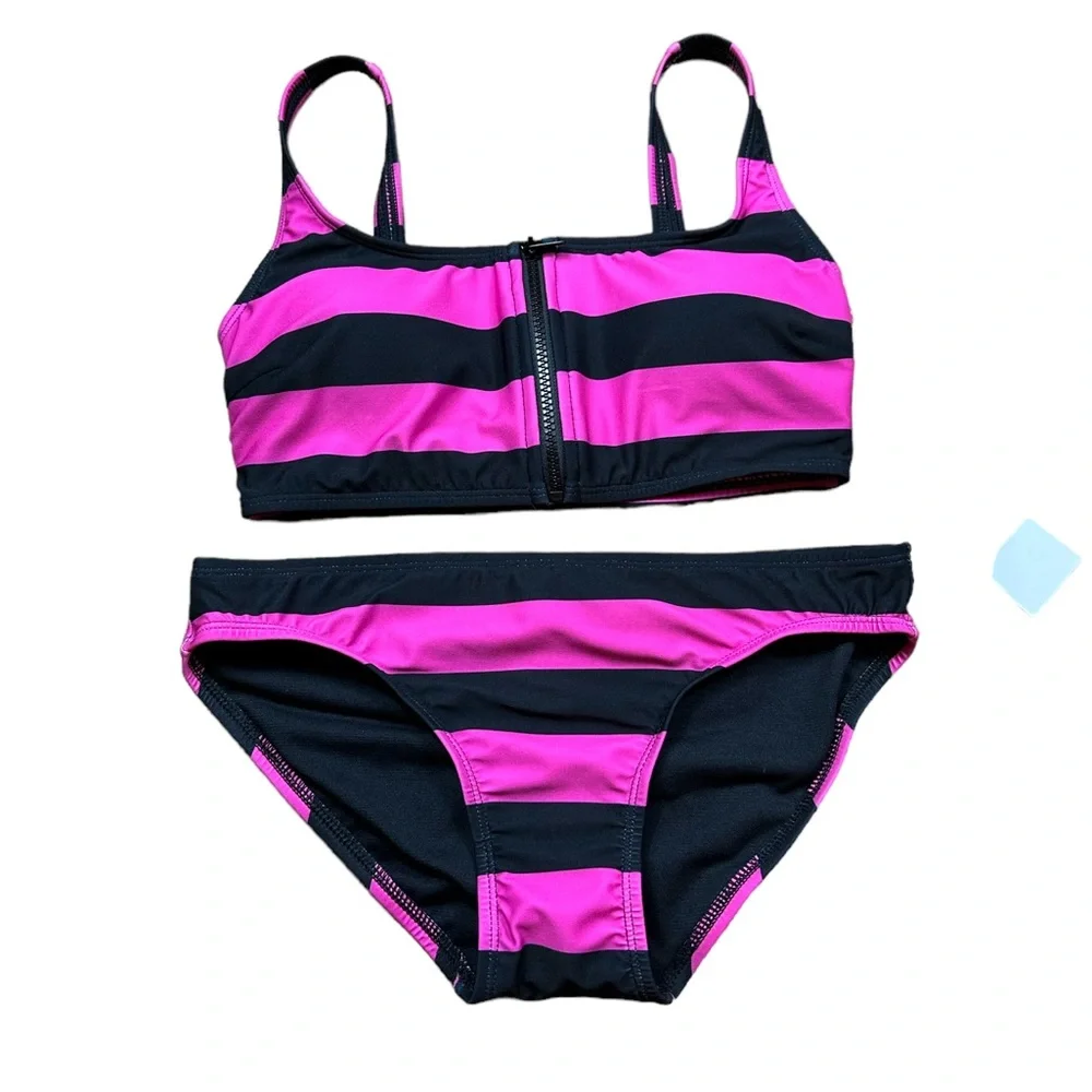 MICHAEL KORS: NWT Zip Front Pink Black Striped Bikini -Size Small